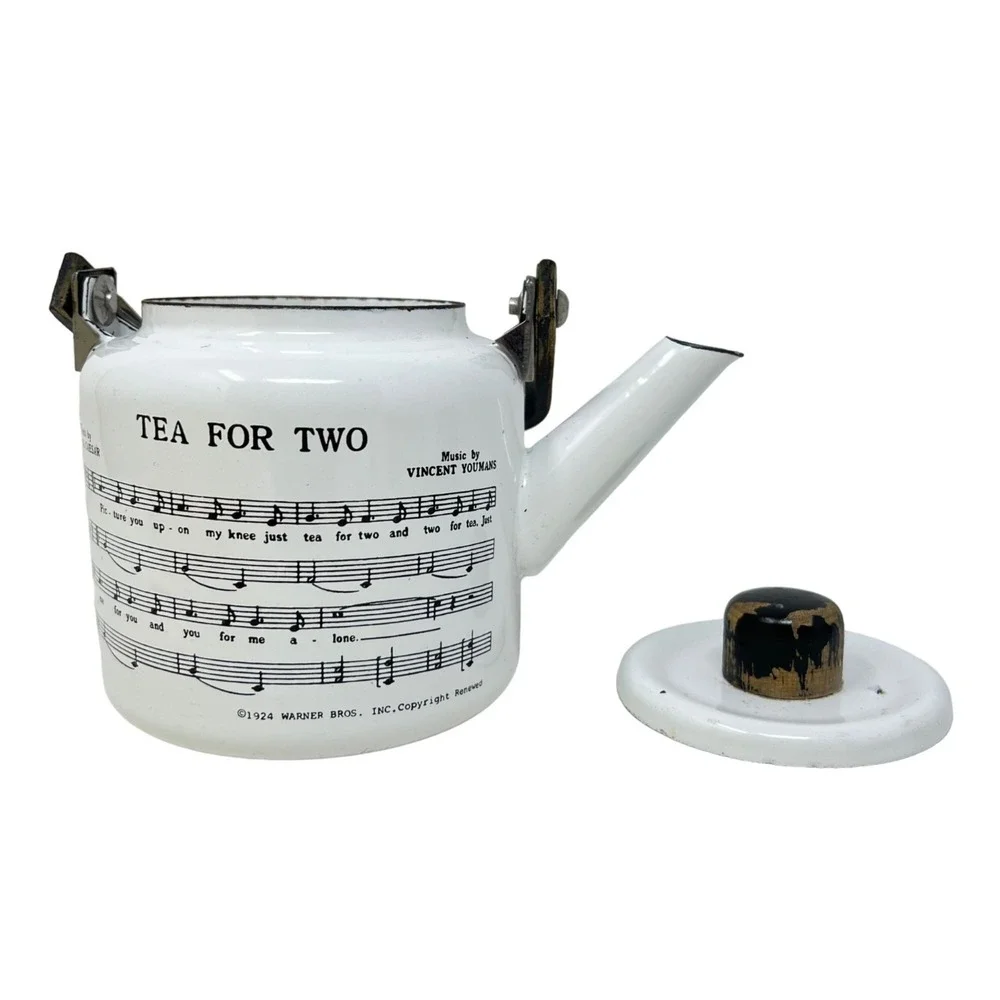 Tea For Two Teapot‎ Vintage 1979 Kamenstein Porcelain Enamel Metal Wood Handle